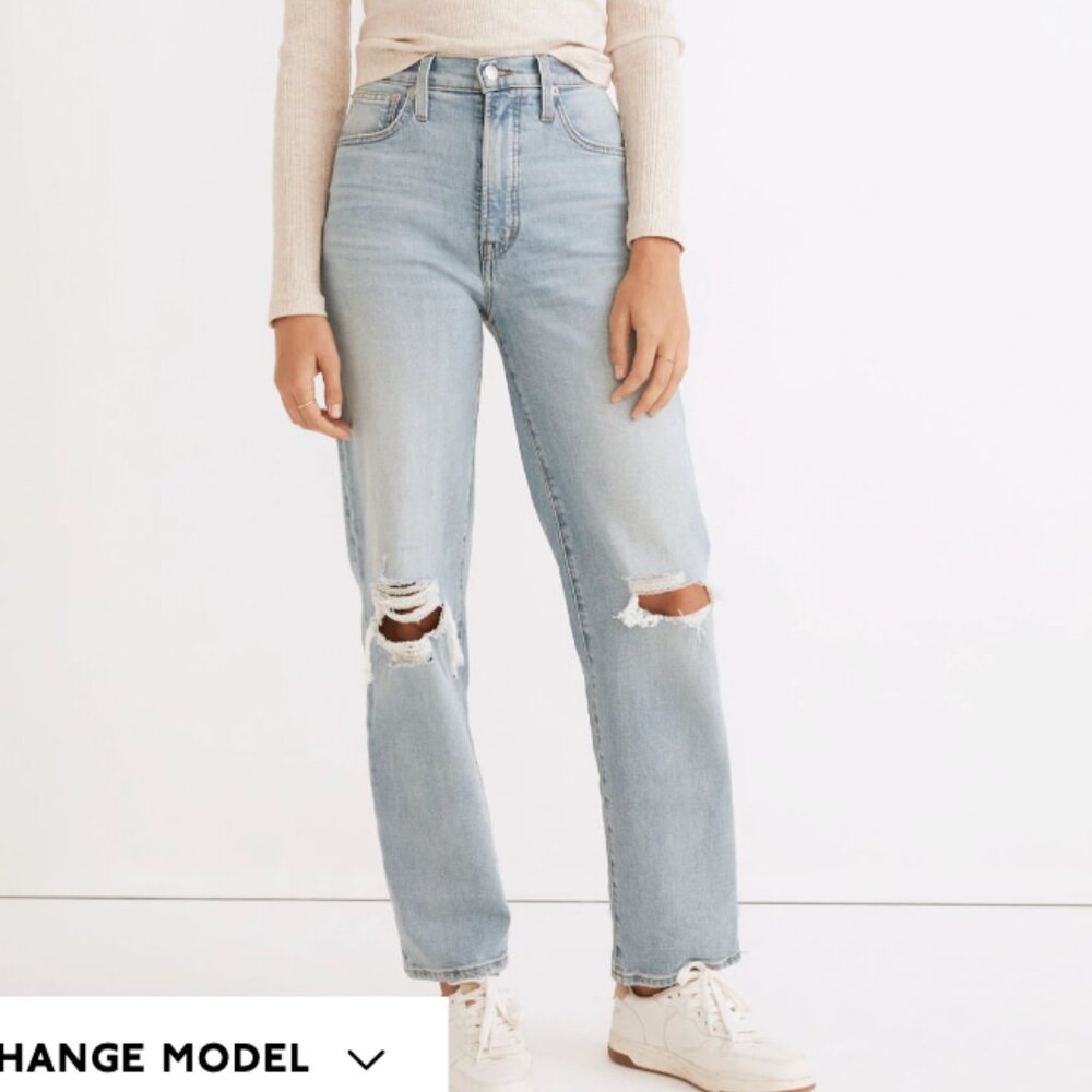 Madewell Perfect Vintage Straight Jean in Danby Wash: Knee Rip Edition - size 27